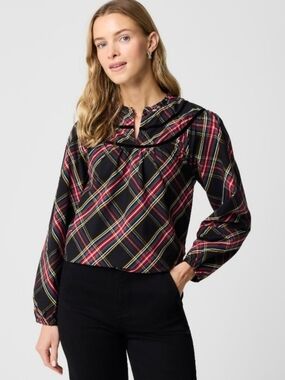 J. Crew Tartan plaid poplin cotton blouse with velvet piping detail